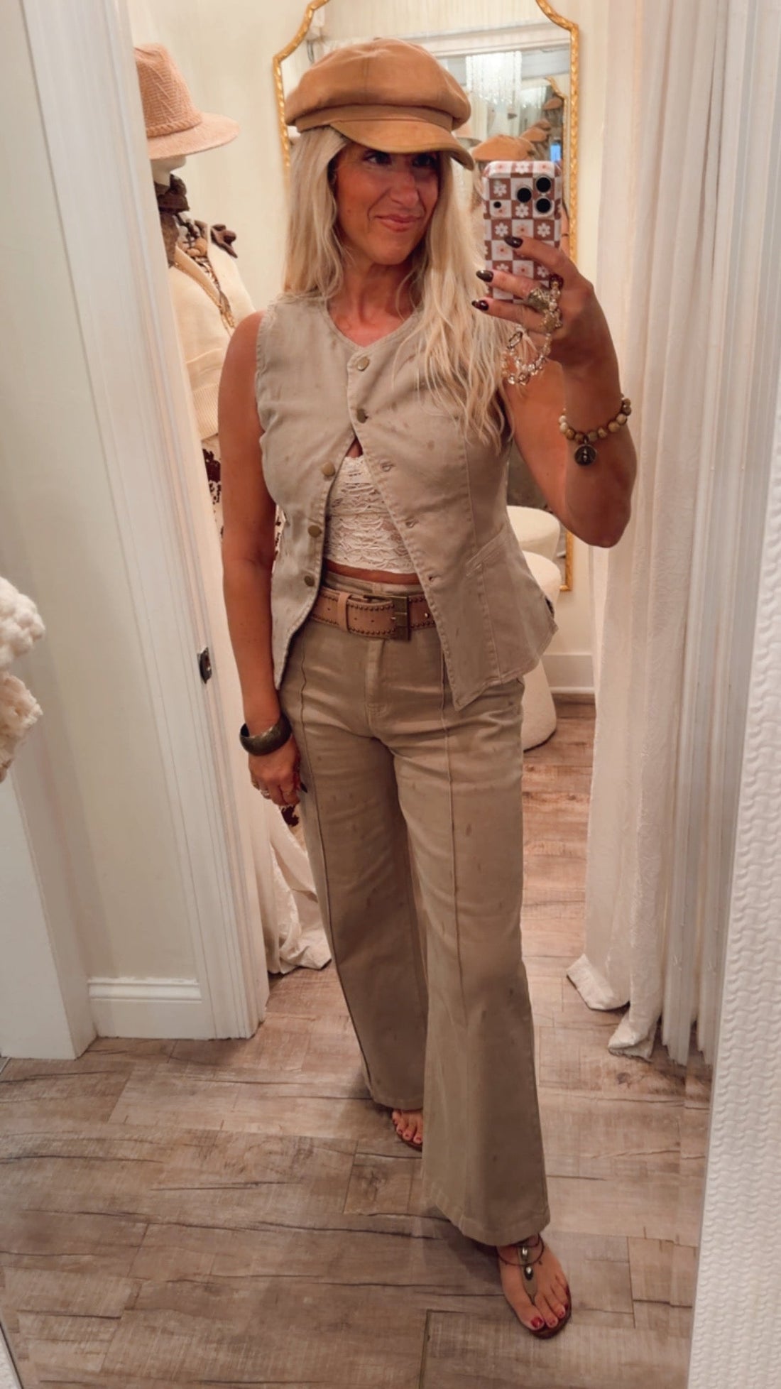 Cotton Button-Front Denim Vest in Khaki