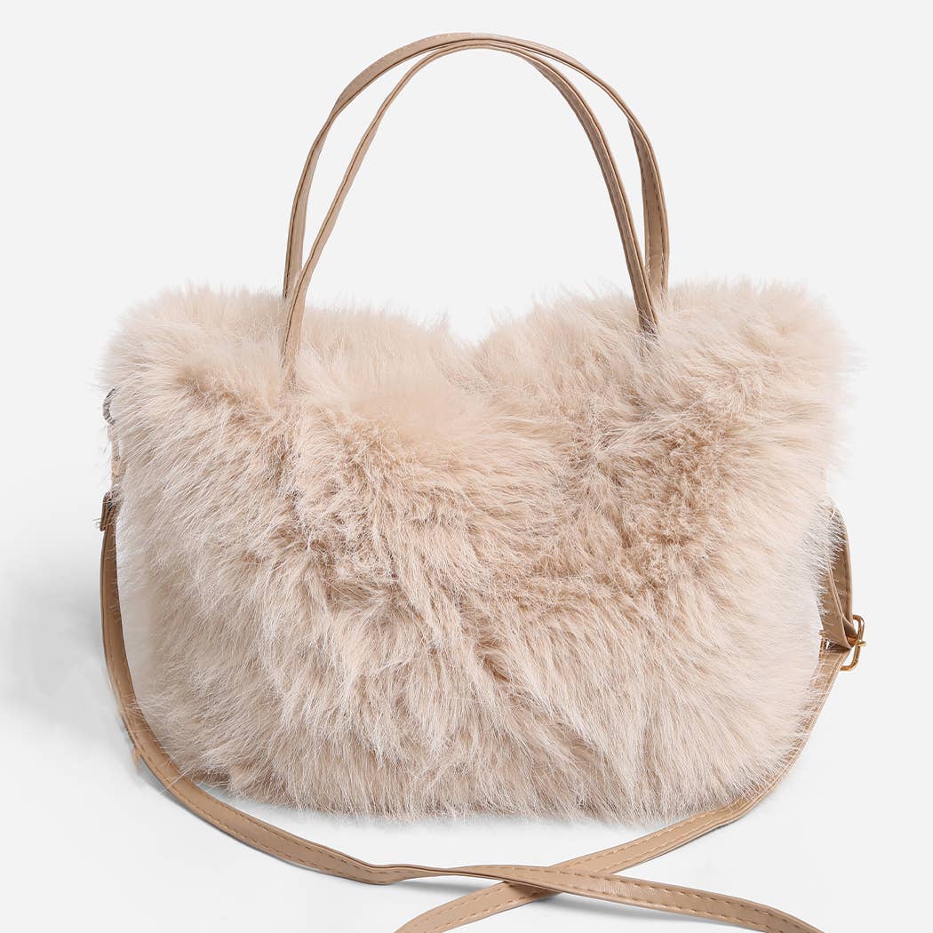 Solid Color Faux Fur Mini Handbag: BEIGE / One Size
