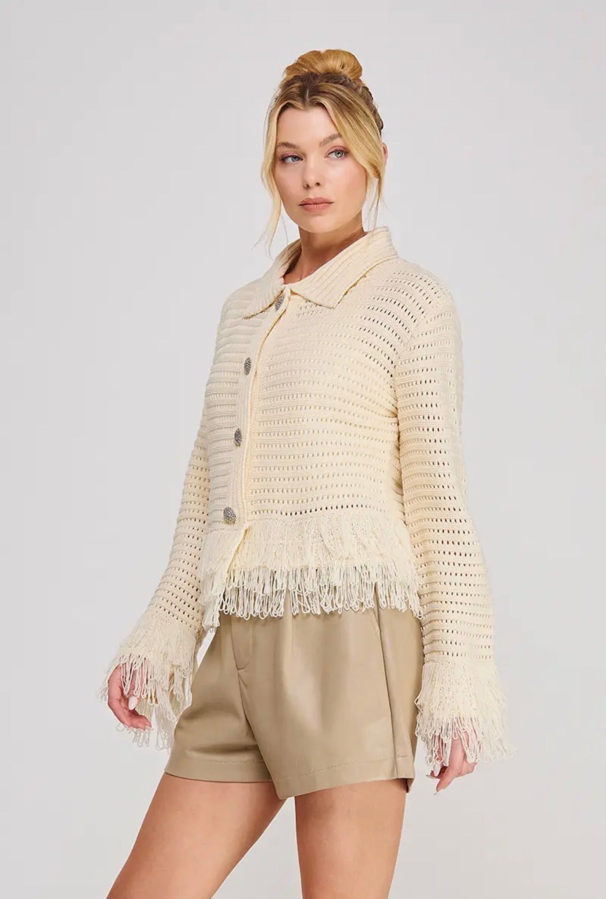 Open Knit Collared Fringe Cardigan