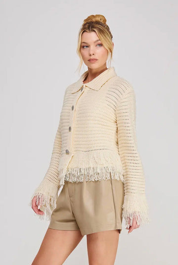 Open Knit Collared Fringe Cardigan