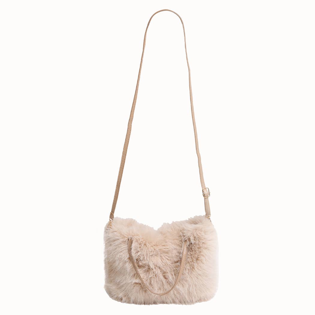 Solid Color Faux Fur Mini Handbag: BEIGE / One Size