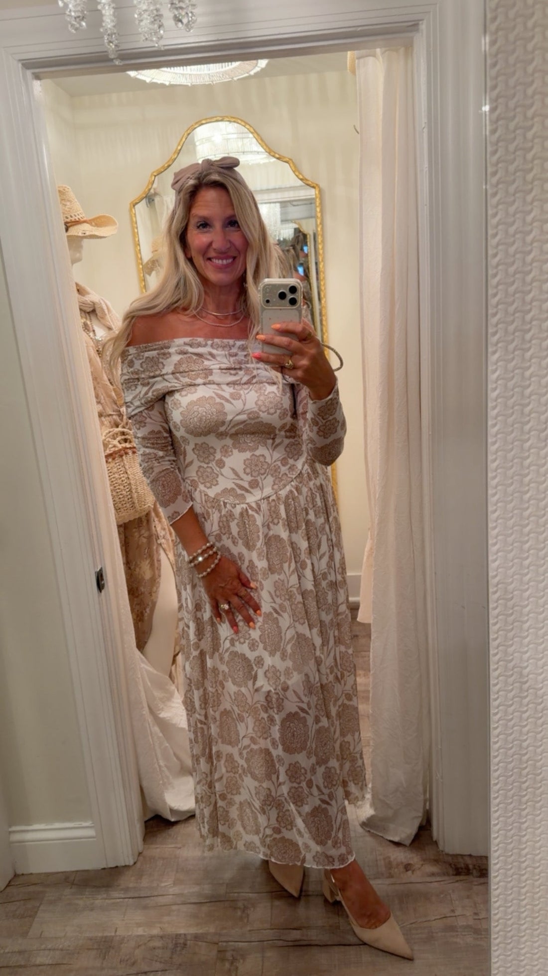 Floral Mesh Off Shoulder Drop Waist Midi Dress
