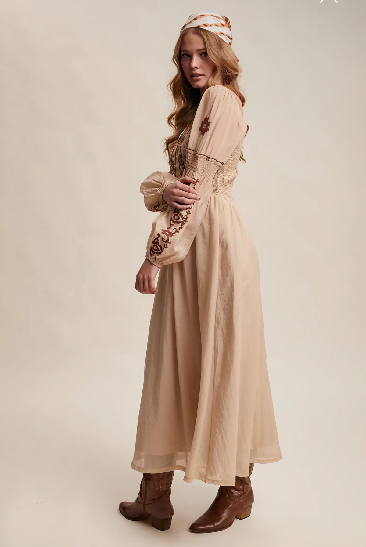 Embroidered Square Neck Puff Sleeve Corset Maxi Dress