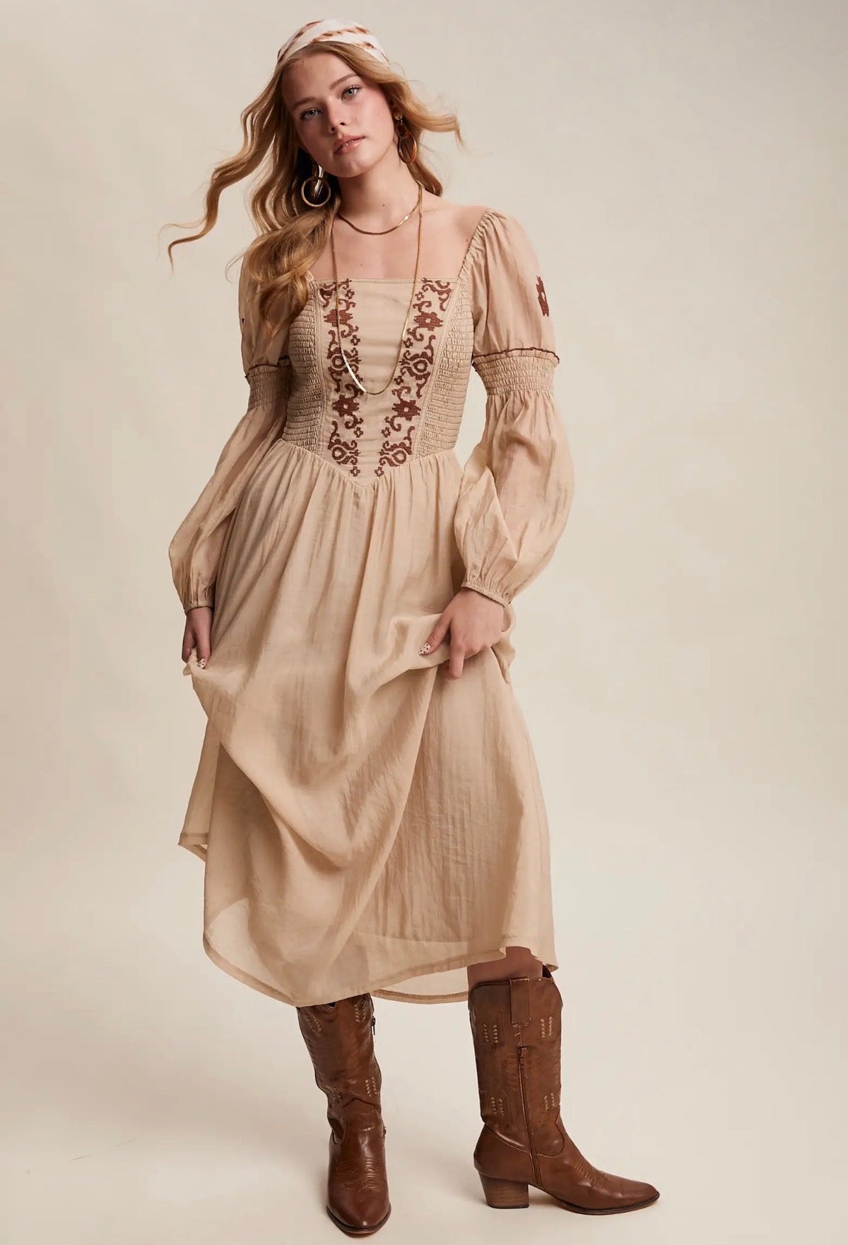 Embroidered Square Neck Puff Sleeve Corset Maxi Dress