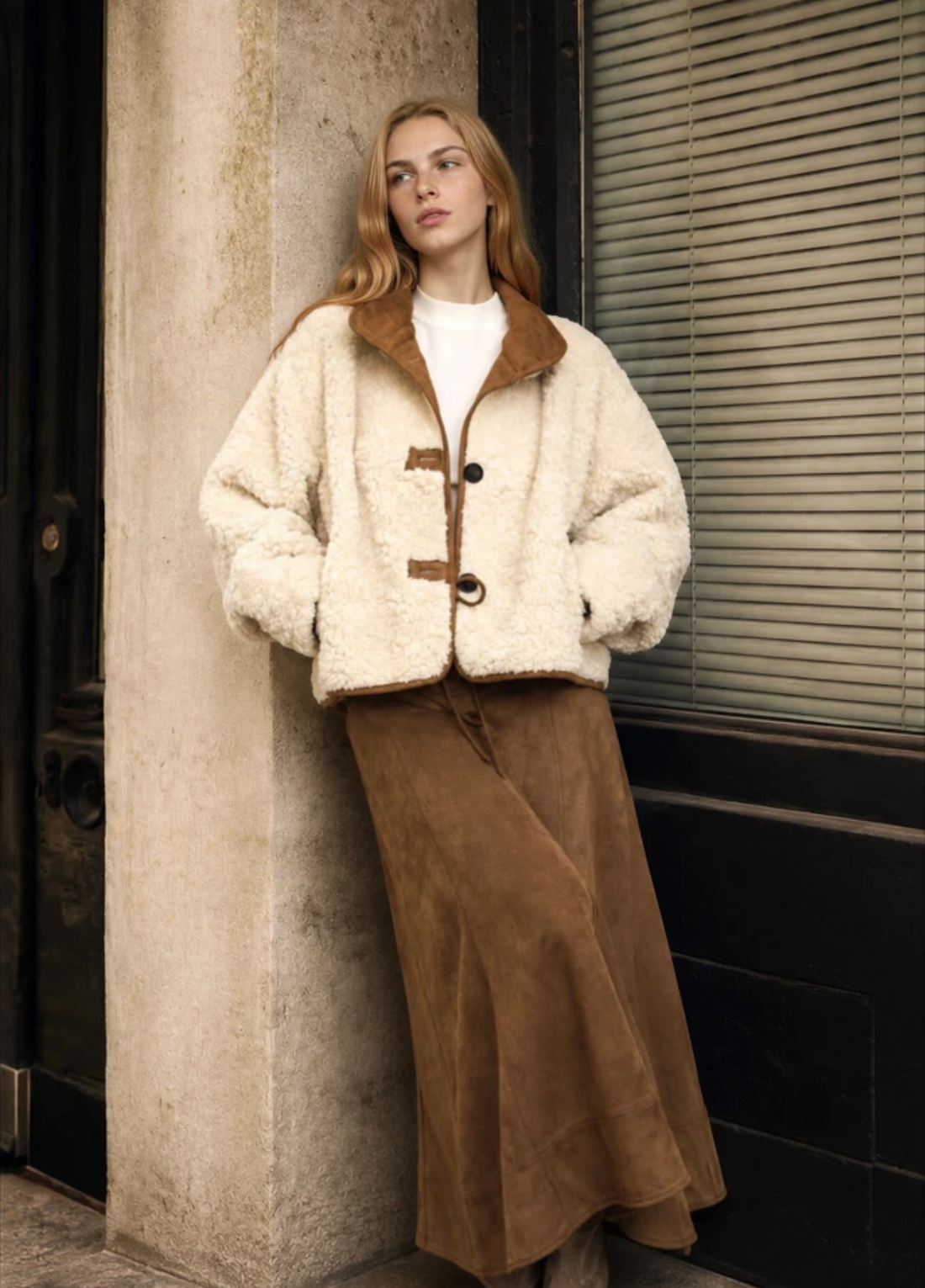 MOCK NECK SHERPA SUEDE TRIM BUTTON DOWN JACKET