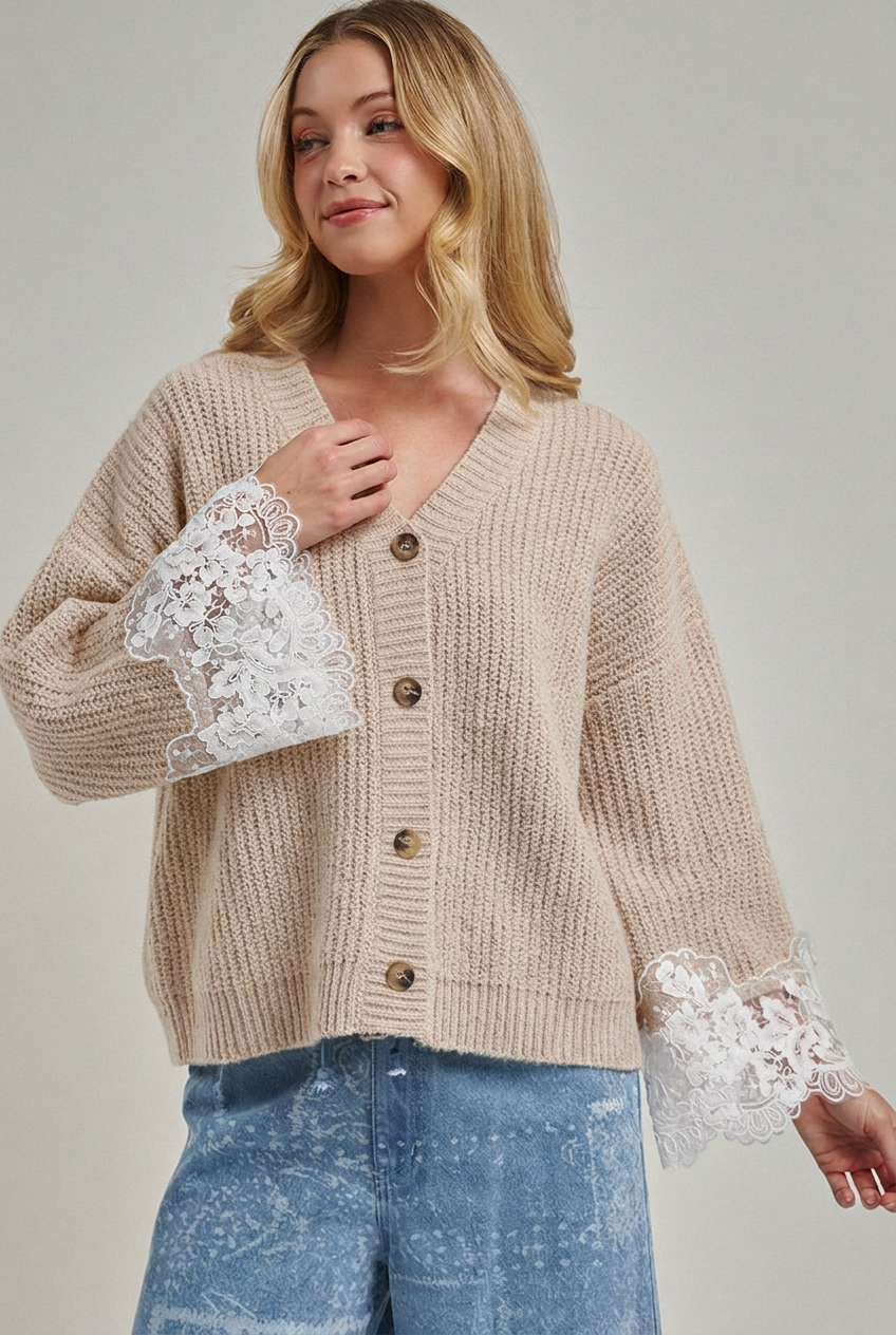 LOOSE FIT SOFT V NECK SWEATER CARDIGAN WITH LACE