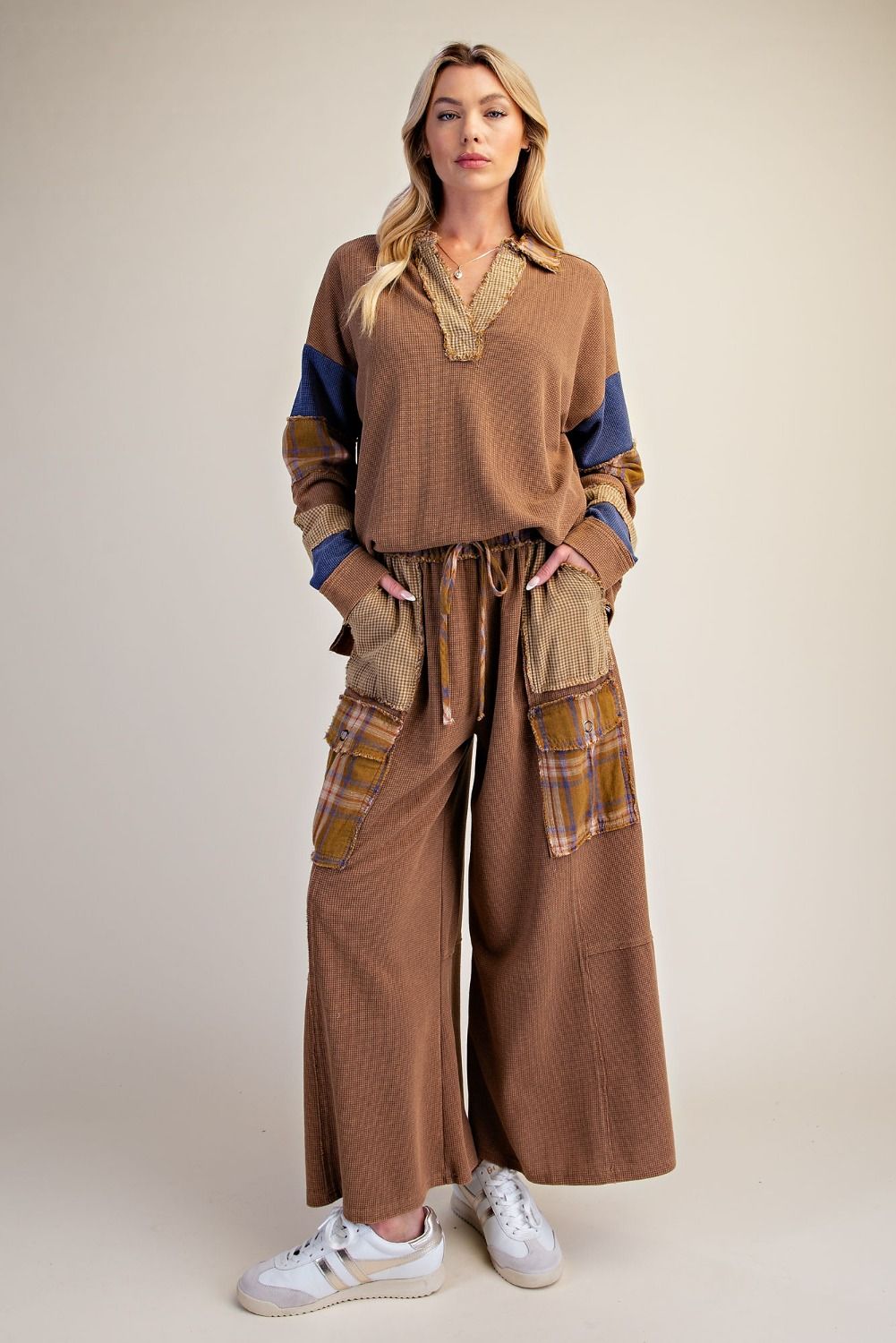PLAID MIX WASHED THERMAL KNIT PANTS