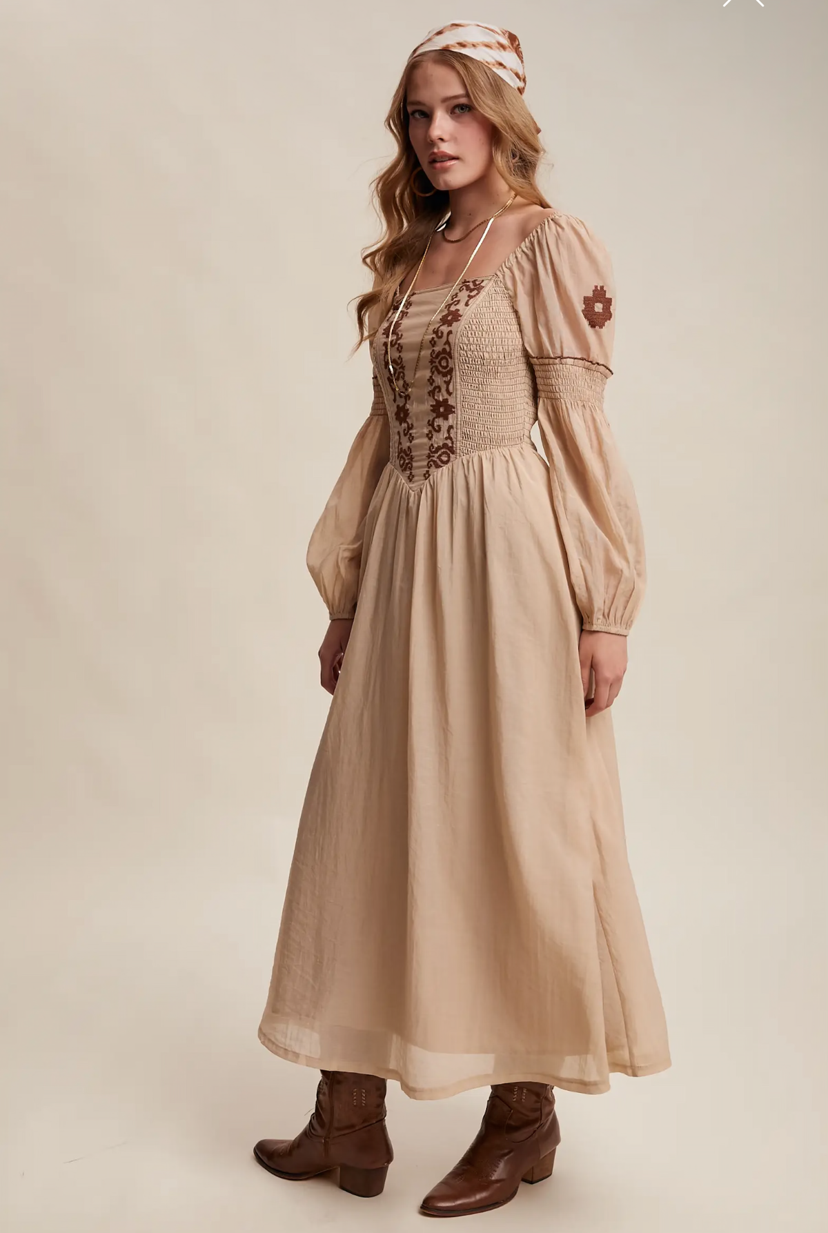 Embroidered Square Neck Puff Sleeve Corset Maxi Dress