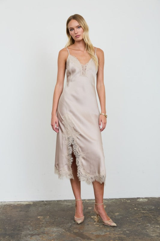 SATIN DEEP V LACE TRIM SLIP MIDI DRESS