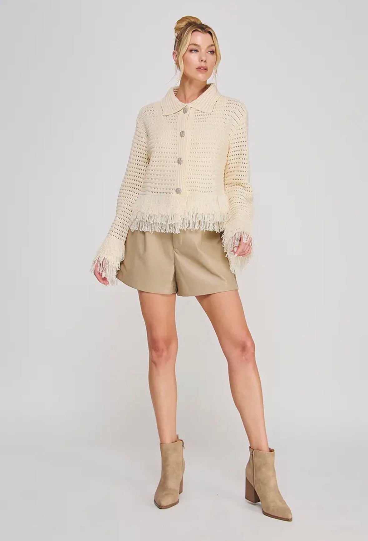 Open Knit Collared Fringe Cardigan