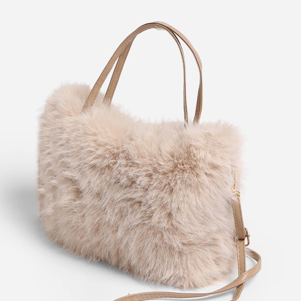 Solid Color Faux Fur Mini Handbag: BEIGE / One Size