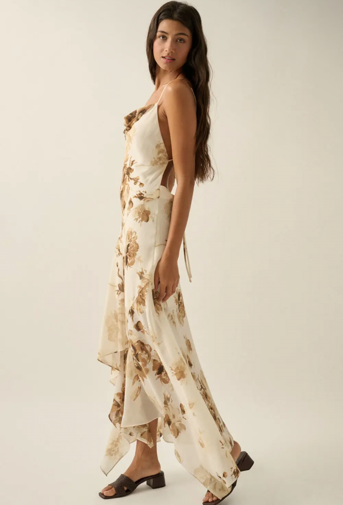 Floral Chiffon Draped Asymmetrical
Open-Back Maxi Dress