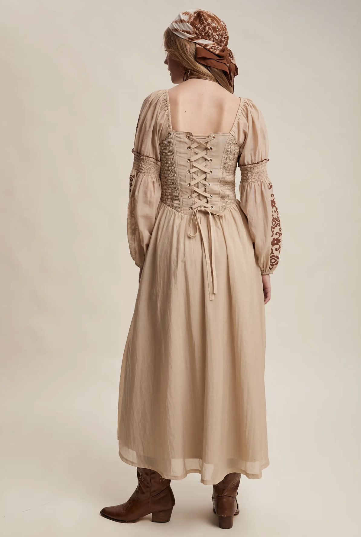Embroidered Square Neck Puff Sleeve Corset Maxi Dress