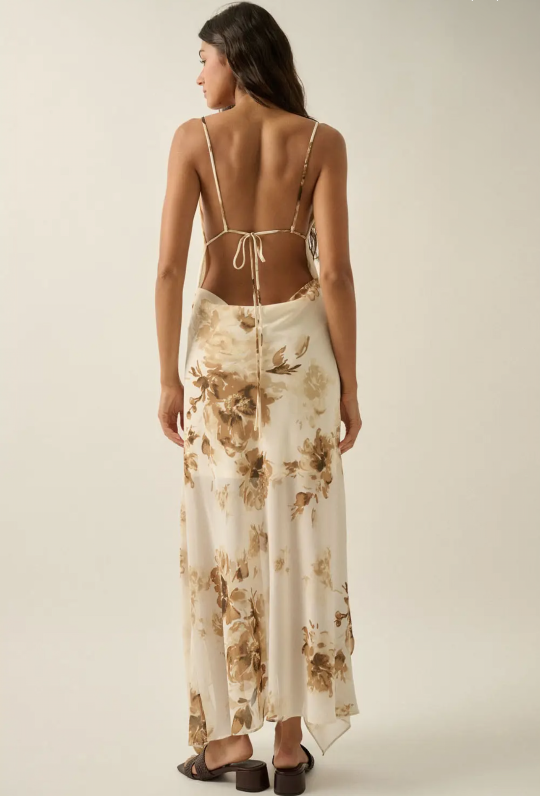 Floral Chiffon Draped Asymmetrical
Open-Back Maxi Dress