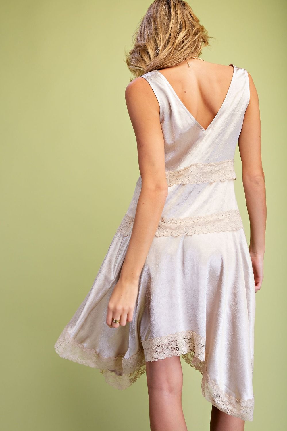 Champagne Lace Trim Satin Dress