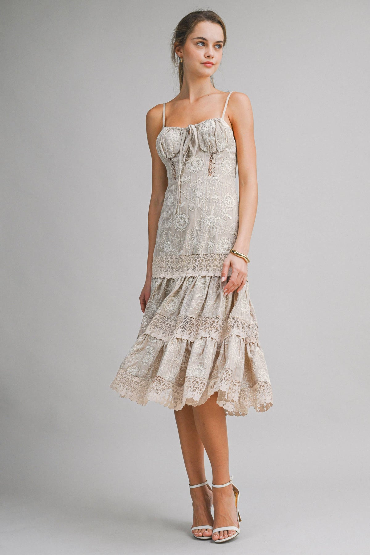 Lace Tiered Midi Dress : TAUPE
