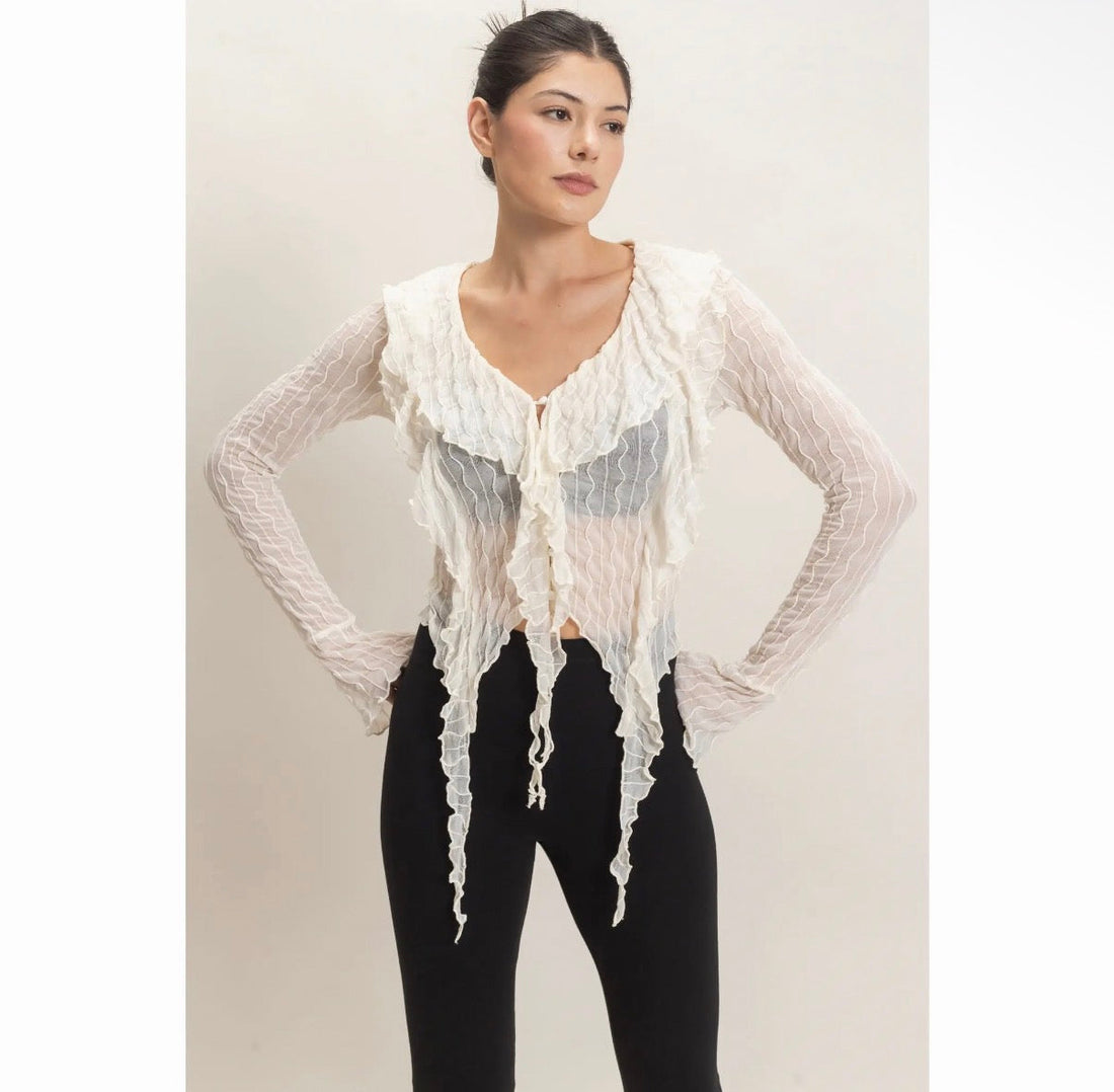Textured V-Neck Tie Front Top
