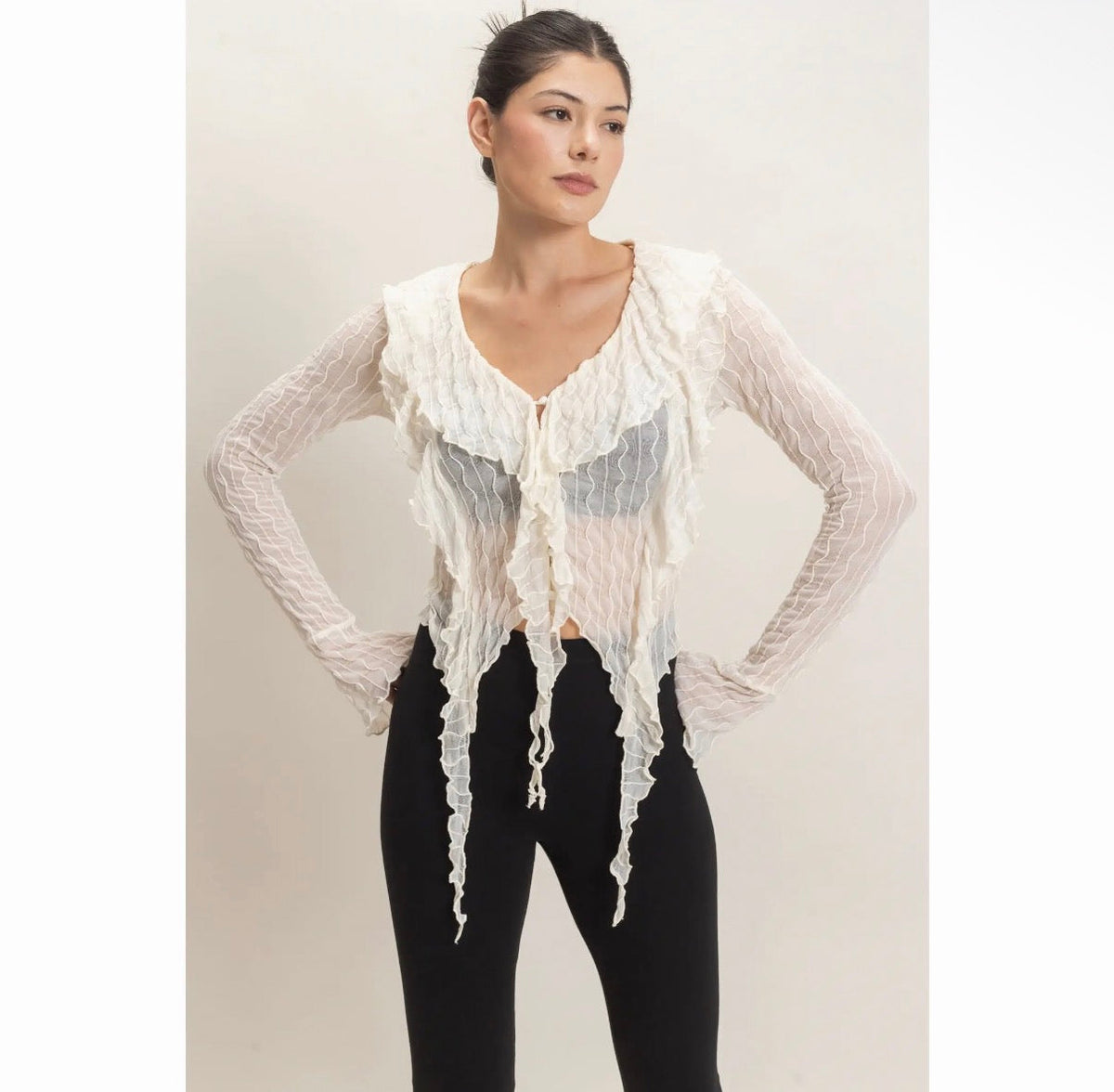 Textured V-Neck Tie Front Top