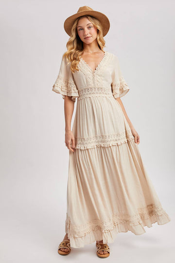 V-NECK LACE TRIM MAXI DRESS: COLOR SHELL