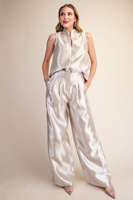 Metallic High Waist Pleated Pants