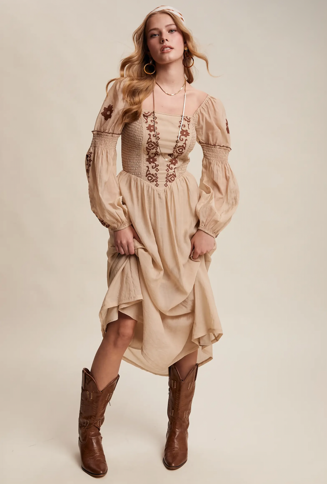Embroidered Square Neck Puff Sleeve Corset Maxi Dress