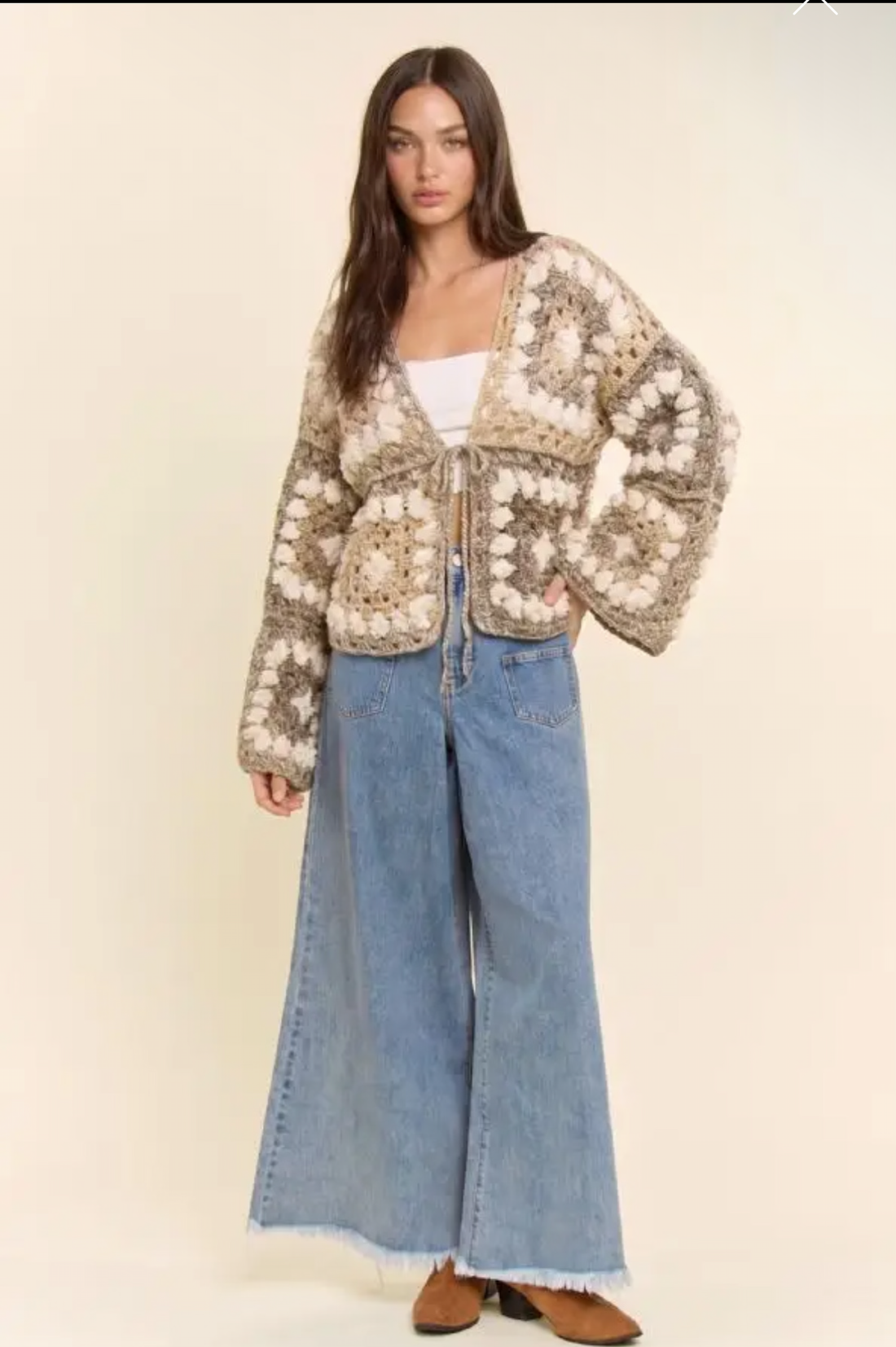 Granny Crochet Wool Blend Tie-Front Cardigan