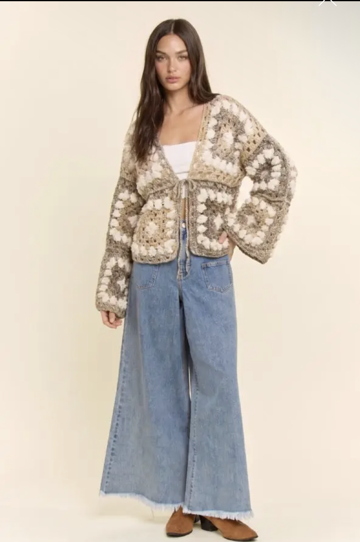 Granny Crochet Wool Blend Tie-Front Cardigan
