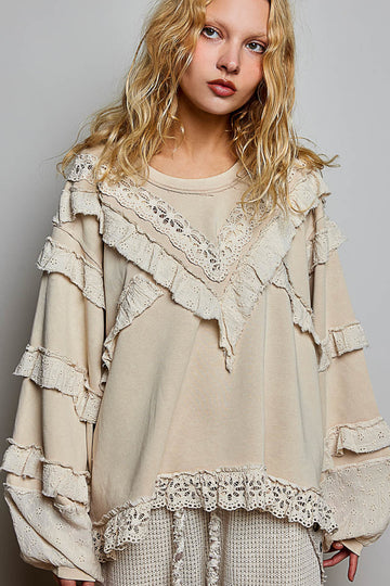 Vintage Washed French Terry Ruffle Sleeve Top