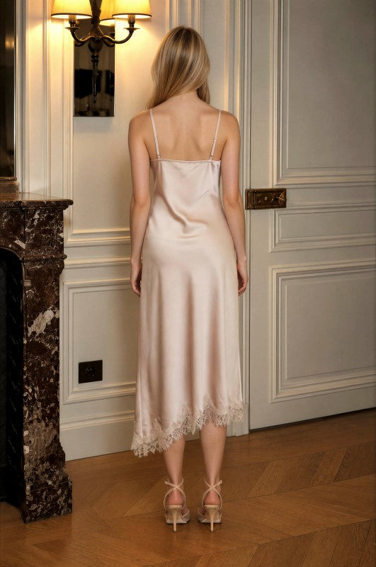 SATIN DEEP V LACE TRIM SLIP MIDI DRESS