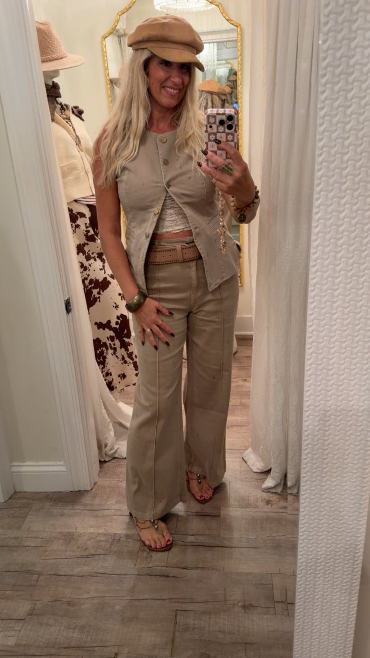 Cotton Button-Front Denim Vest in Khaki