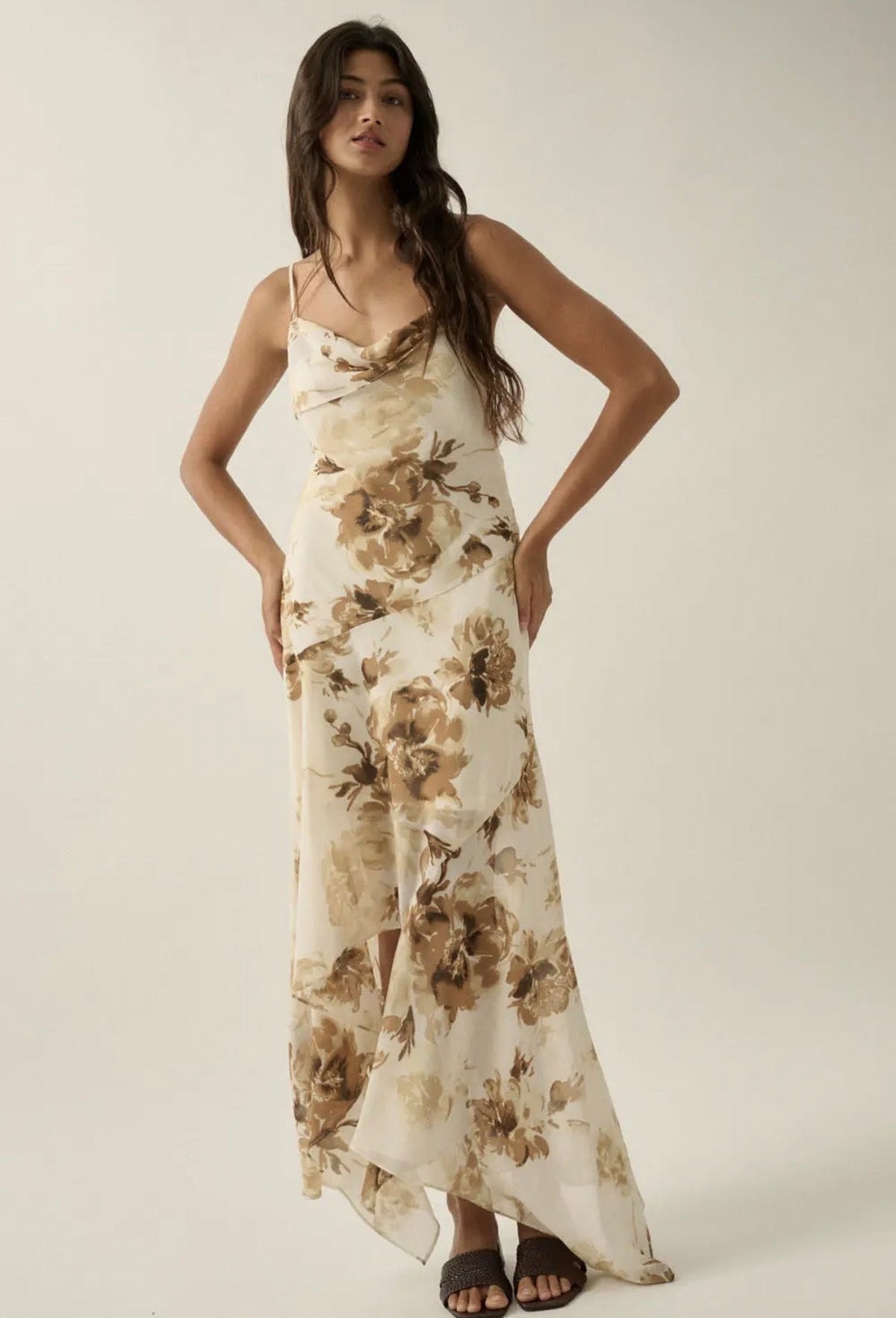 Floral Chiffon Draped Asymmetrical
Open-Back Maxi Dress