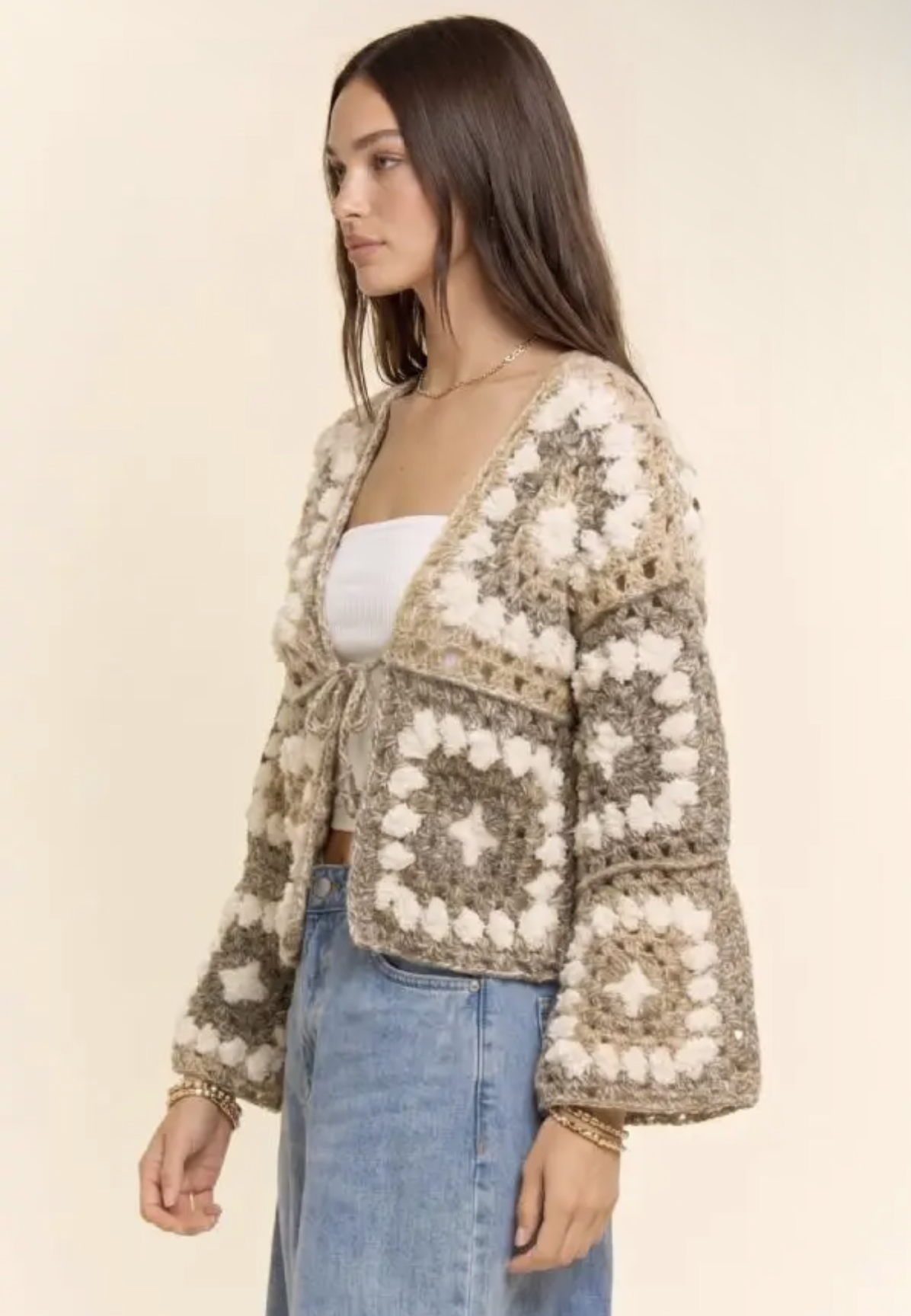 Granny Crochet Wool Blend Tie-Front Cardigan