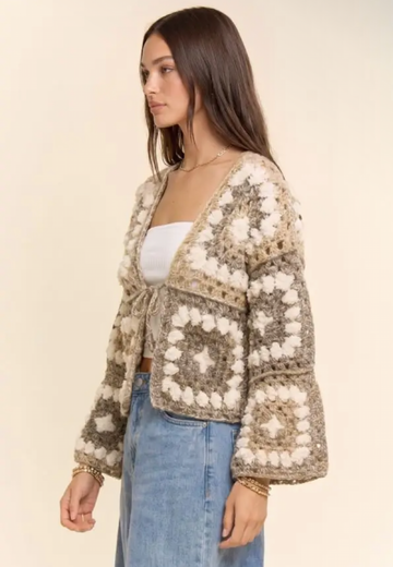 Granny Crochet Wool Blend Tie-Front Cardigan