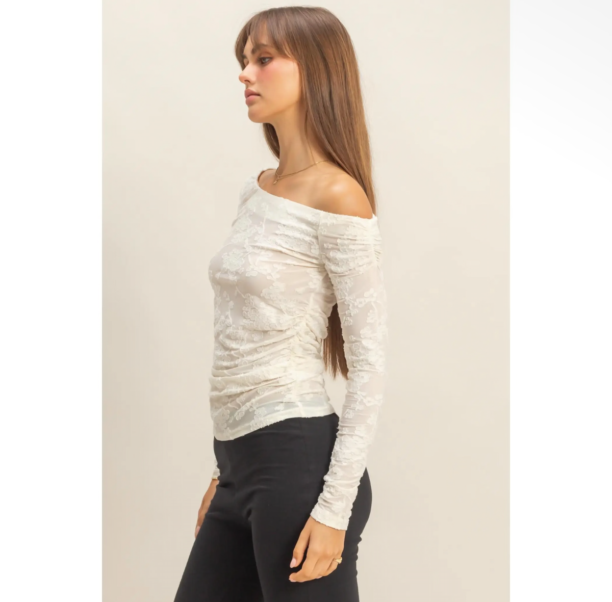 Textured Mesh Off-Shoulder Top