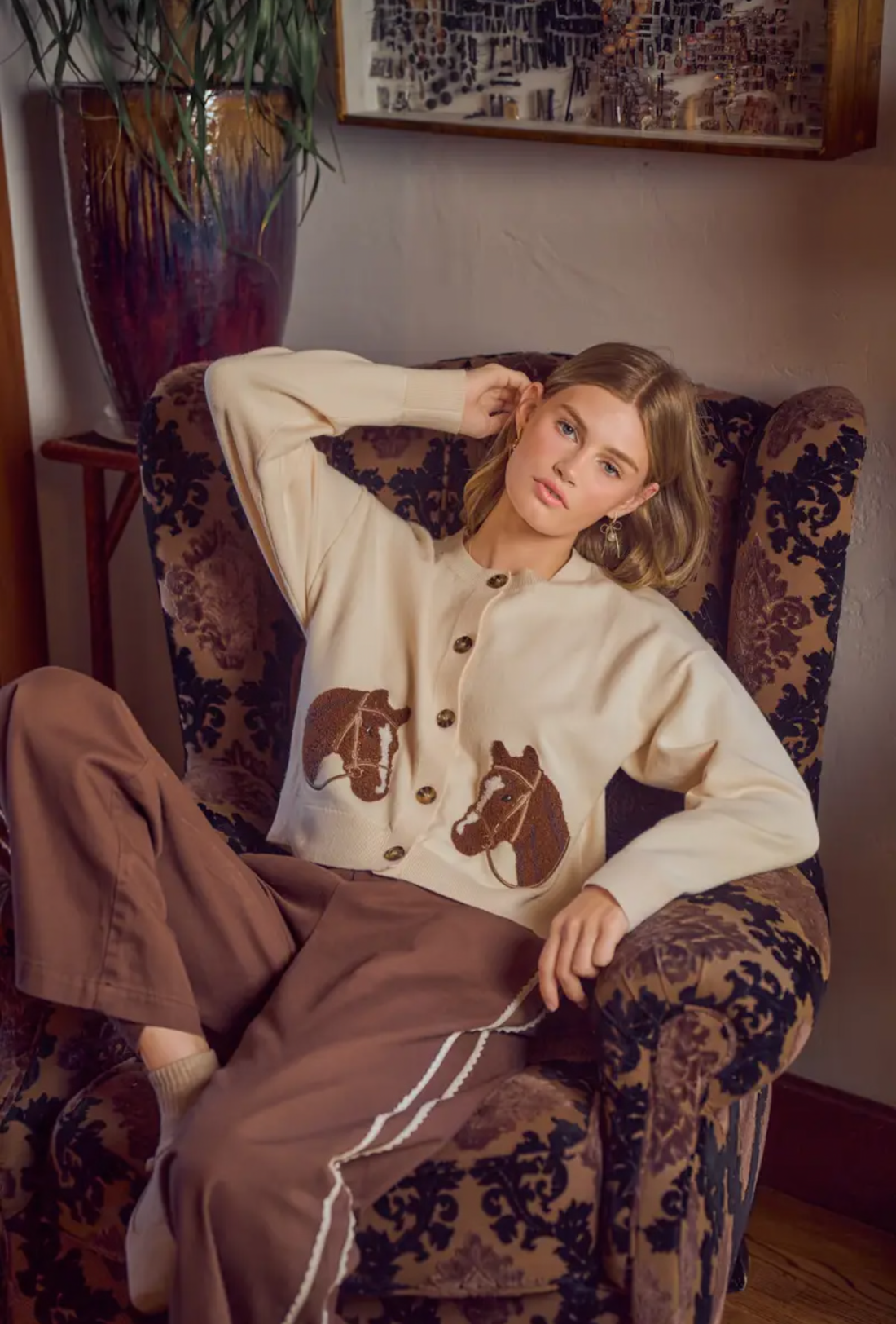 Jacquard Horse Graphic Long Sleeve
Knit Sweater Cardigan