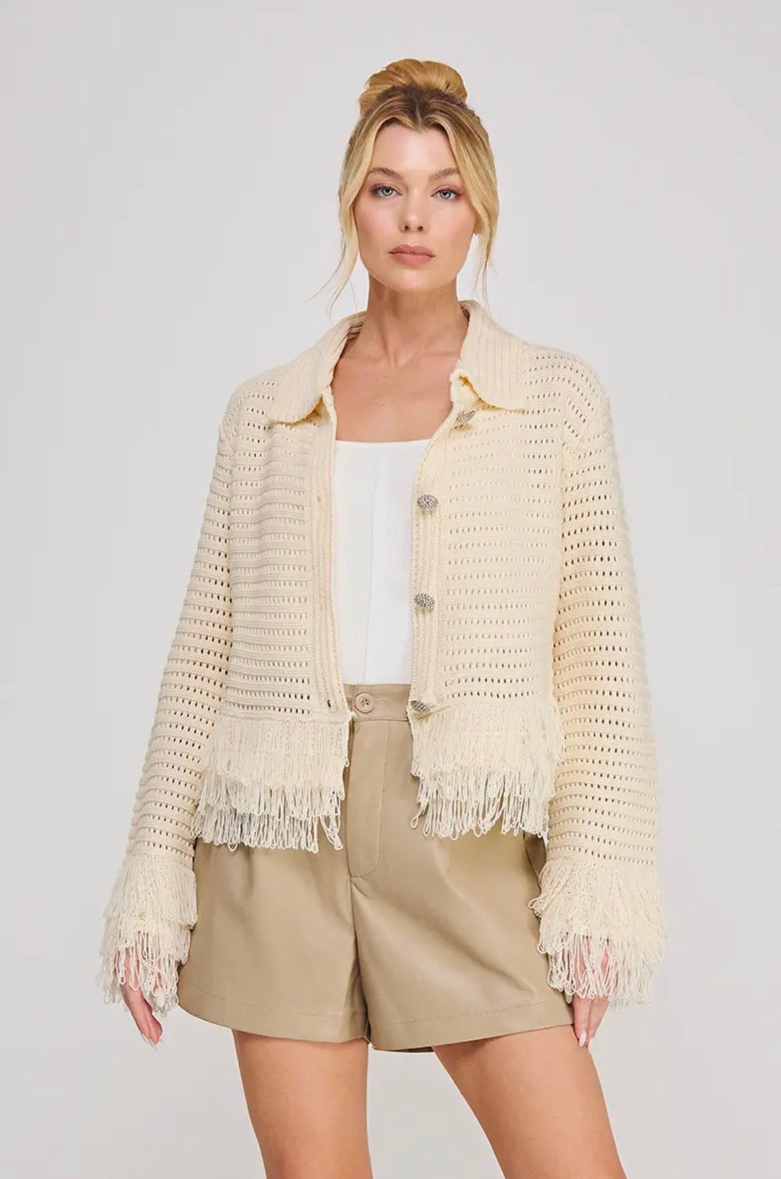 Open Knit Collared Fringe Cardigan