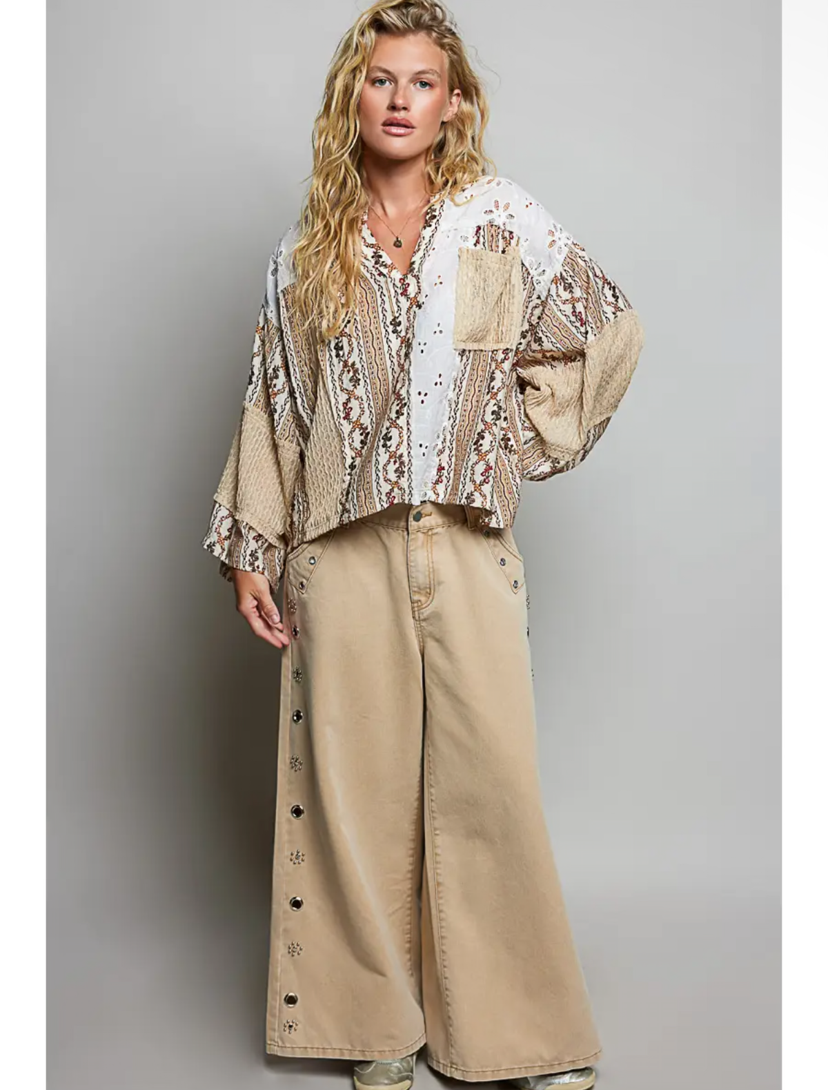 100% Cotton Mixed Lace & Print Boho Top