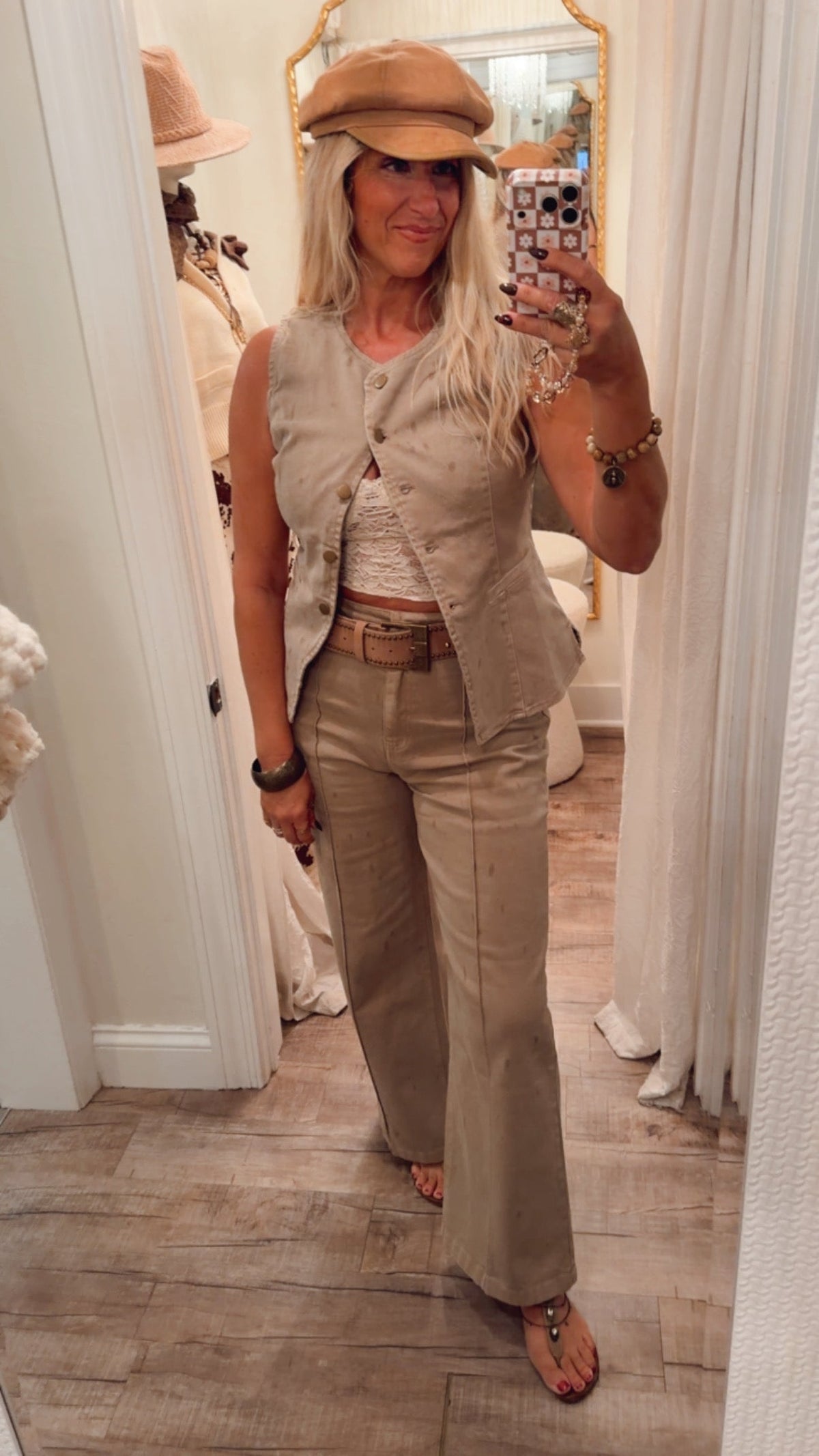 Cotton Button-Front Denim Vest in Khaki