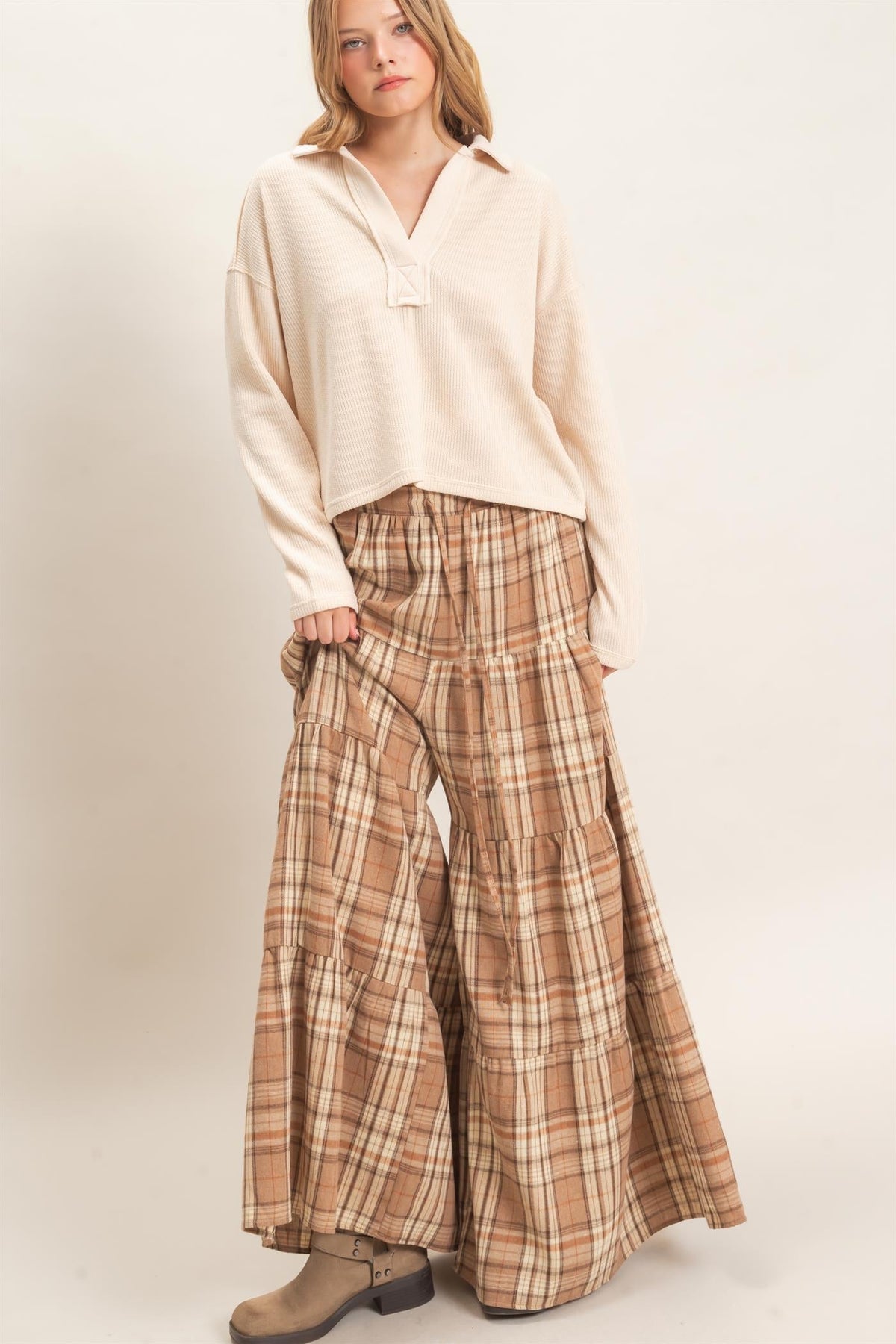 Tiered Plaid Wide-Leg Pants