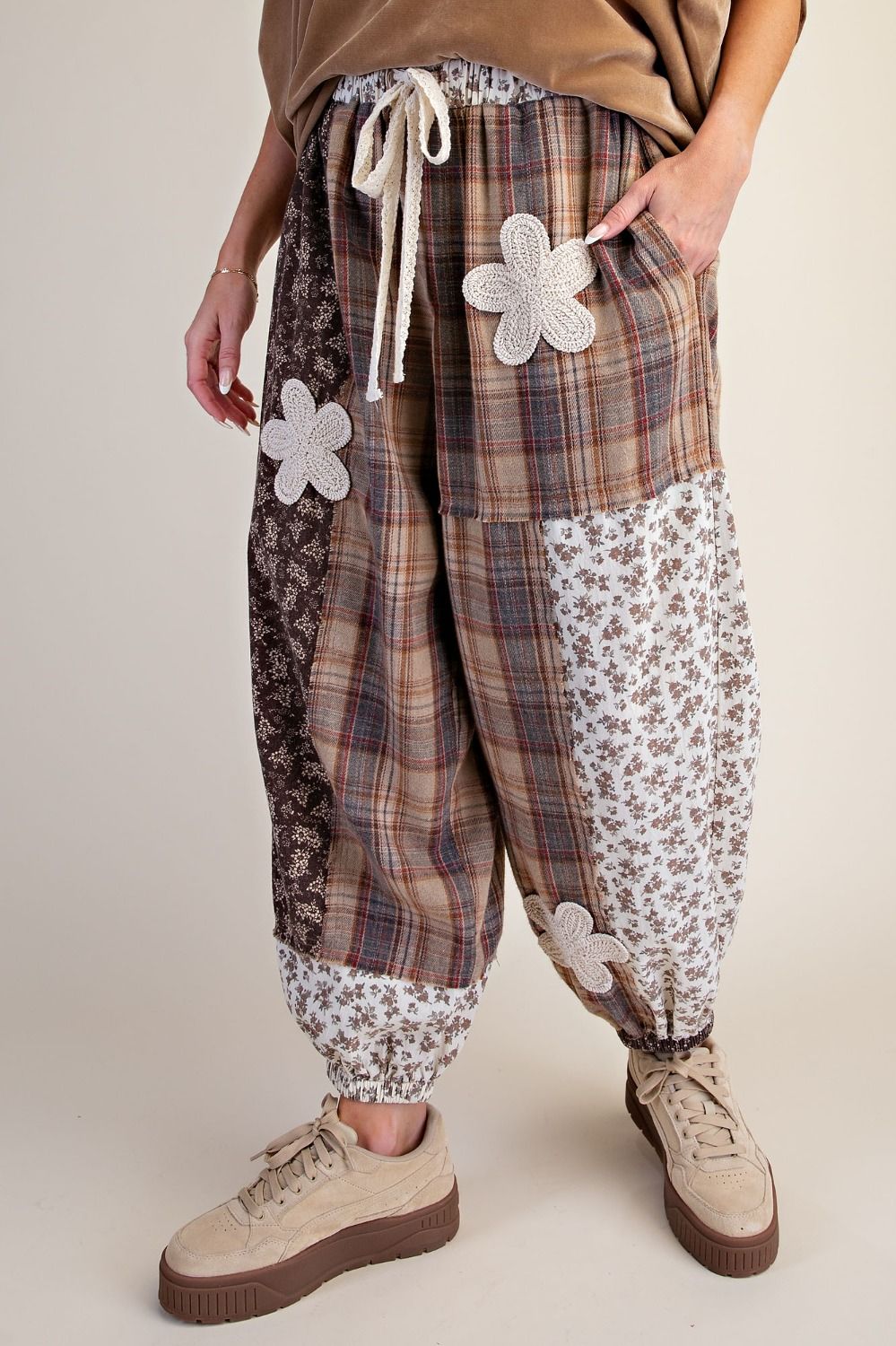 Plaid & Print Crochet Mineral Jogger Pants