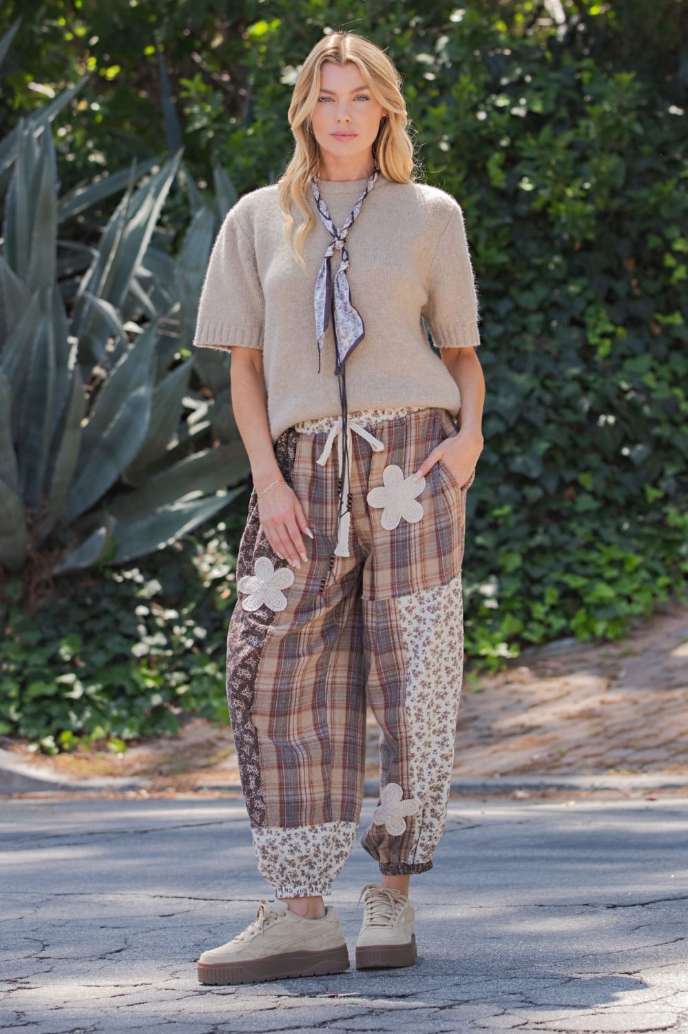 Plaid & Print Crochet Mineral Jogger Pants