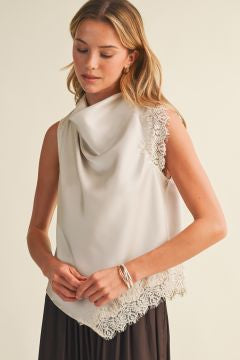 Asymmetric Cowl Neck Lace-Trim Blouse