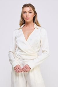 Soft Long Sleeve Crinkle Satin Tie Wrap Shirt