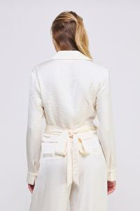 Soft Long Sleeve Crinkle Satin Tie Wrap Shirt
