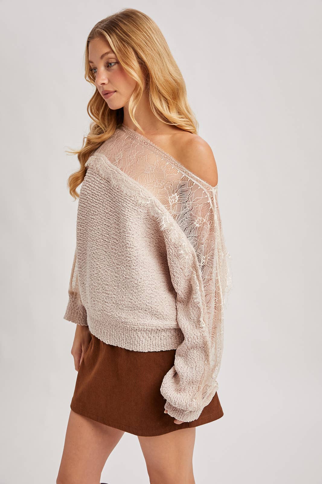 BOAT NECK LACE TRIMMED KNIT SWEATER PULLOVER