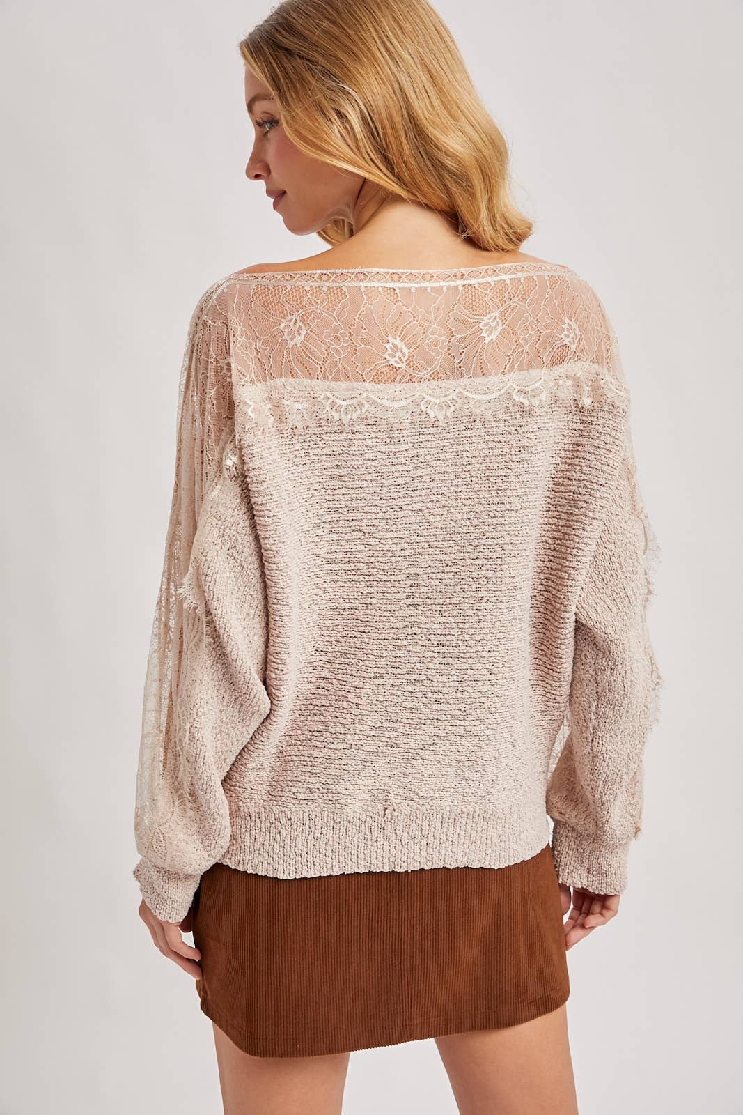 BOAT NECK LACE TRIMMED KNIT SWEATER PULLOVER